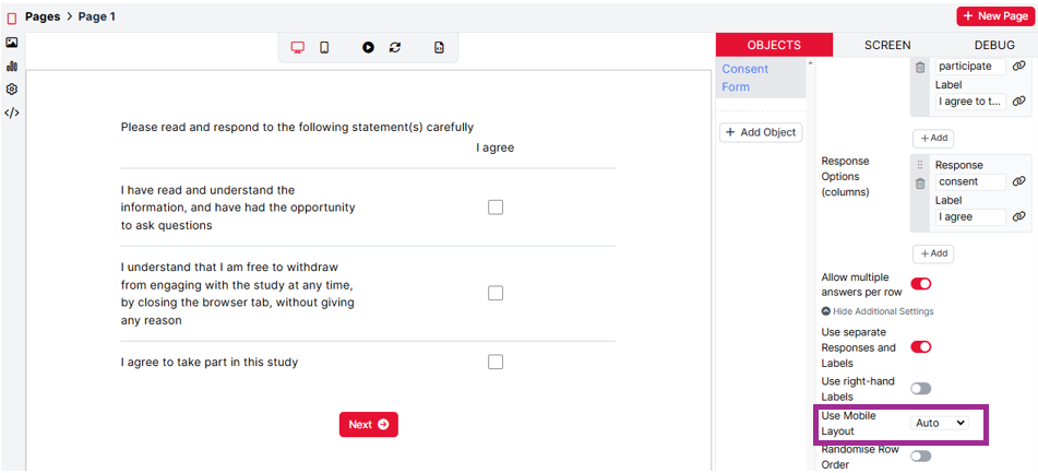 A screenshot of a Multiple Choice grid on desktop in Questionnaire Builder 2. The Use Mobile Layout setting is highlighted with a purple box.