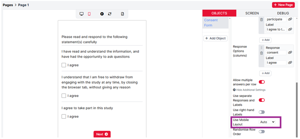 A screenshot of a Multiple Choice grid on mobile in Questionnaire Builder 2. The Use Mobile Layout setting is highlighted with a purple box.