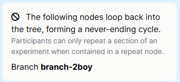 Screenshot of error message alerting user that a neverending cycle exists in their experiment, and they should use the Repeat Node instead