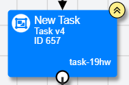 Screenshot of a Task node that is out-of-date, with two upward arrows in a yellow circle at the top right