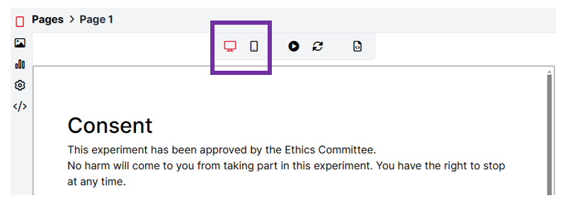 A screenshot of the device icons at the top of page preview in Questionnaire Builder 2.