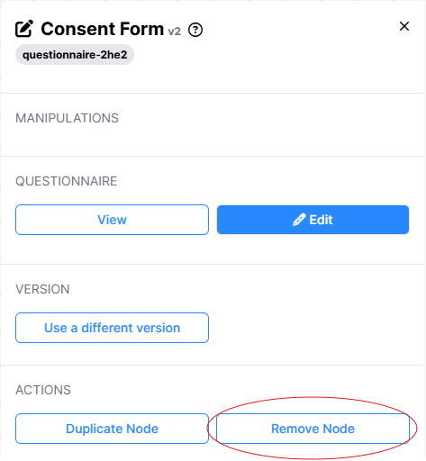 Screenshot of the Node settings in New Experiment Builder. The 'Remove Node' button is circled