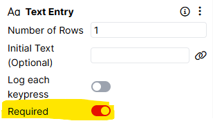 Screenshot of Text Entry component settings. 'Required' setting is toggled on and highlighted