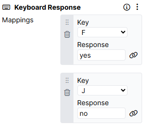 Screenshot of a Keyboard Response component with two mappings: Key = F, Response = yes, and Key = J, Response = no