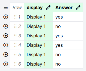 Screenshot of a task spreadsheet. The Answer column contains 'yes' in 3 rows and 'no' in 3 rows
