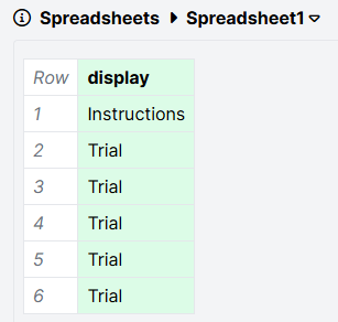 Screenshot of a task spreadsheet. The display column lists Instructions once, then Trial 5 times