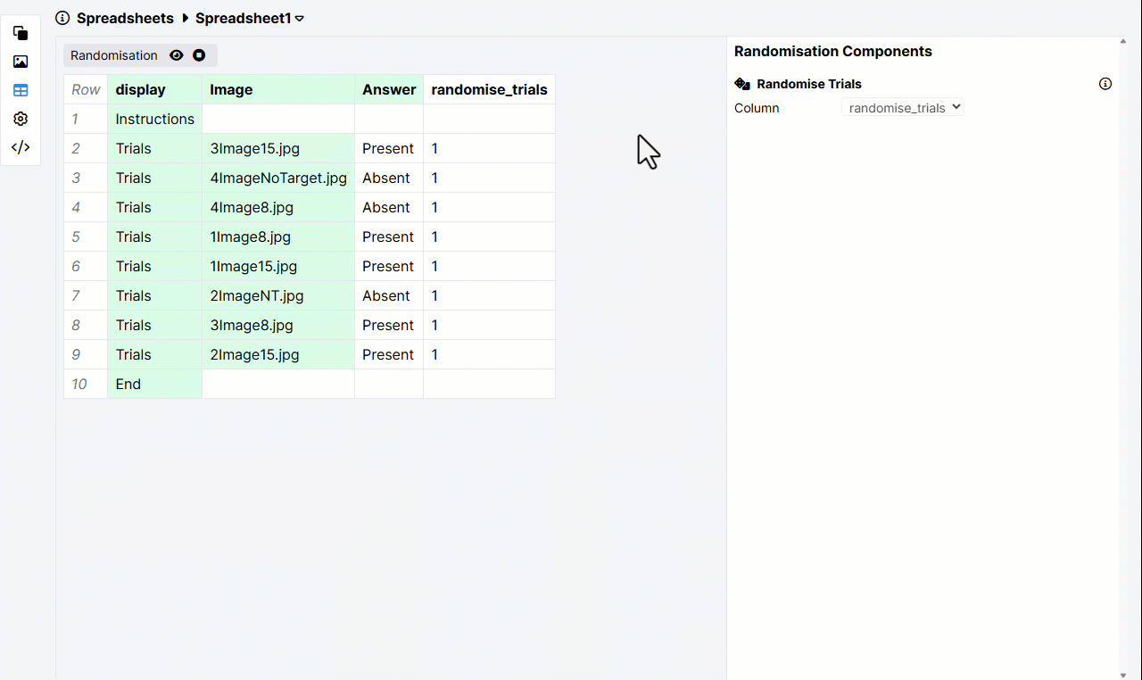 GIF showing task spreadsheet with Randomise Trials component applied to randomise_trials column, which contains 1 in every trial rows
