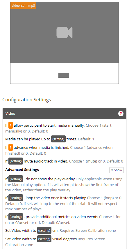 Screenshot of the Video Zone and configuration settings in the Task Builder