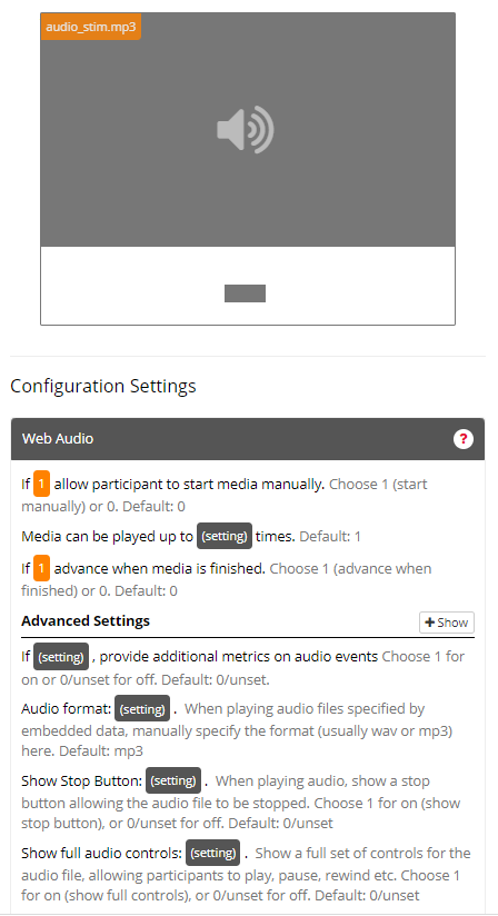 Screenshot of the Web Audio Zone and configuration settings in the Task Builder