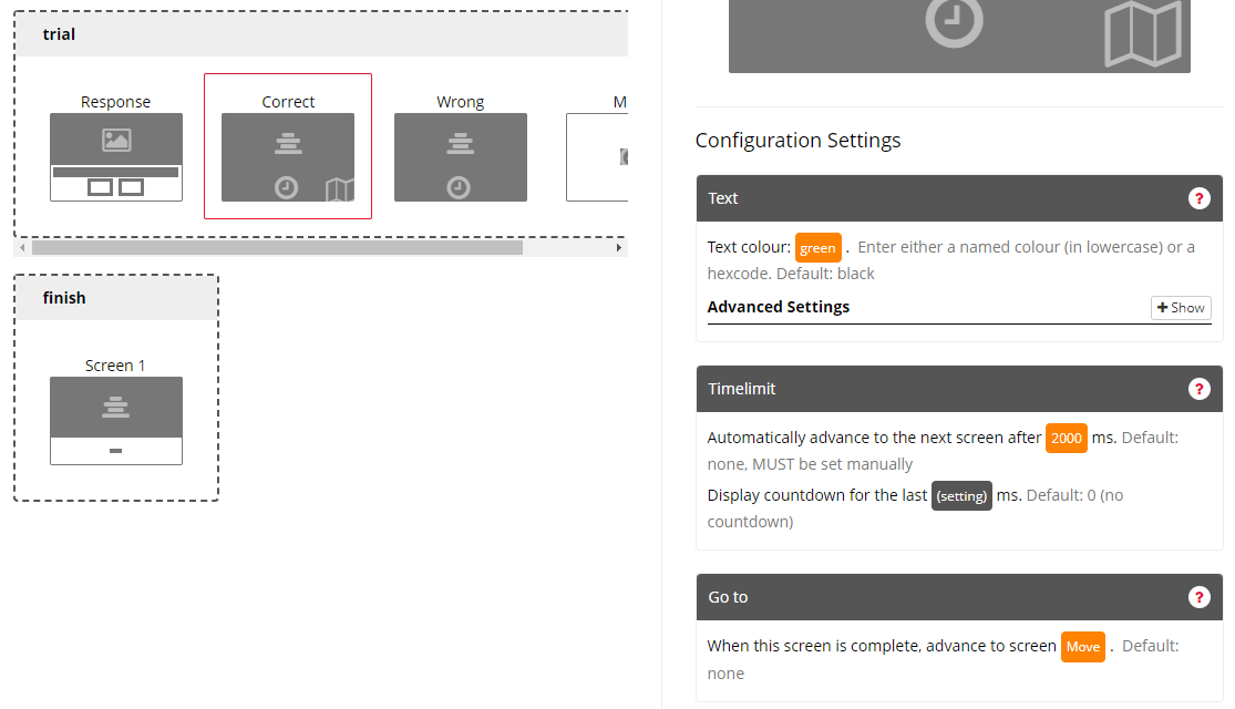 A screenshot of the completed within-task branching set up in Task Builder 1.